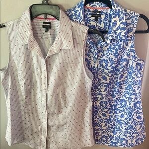 Talbots White Blue Button Down Shirt Fitted Notched Collar